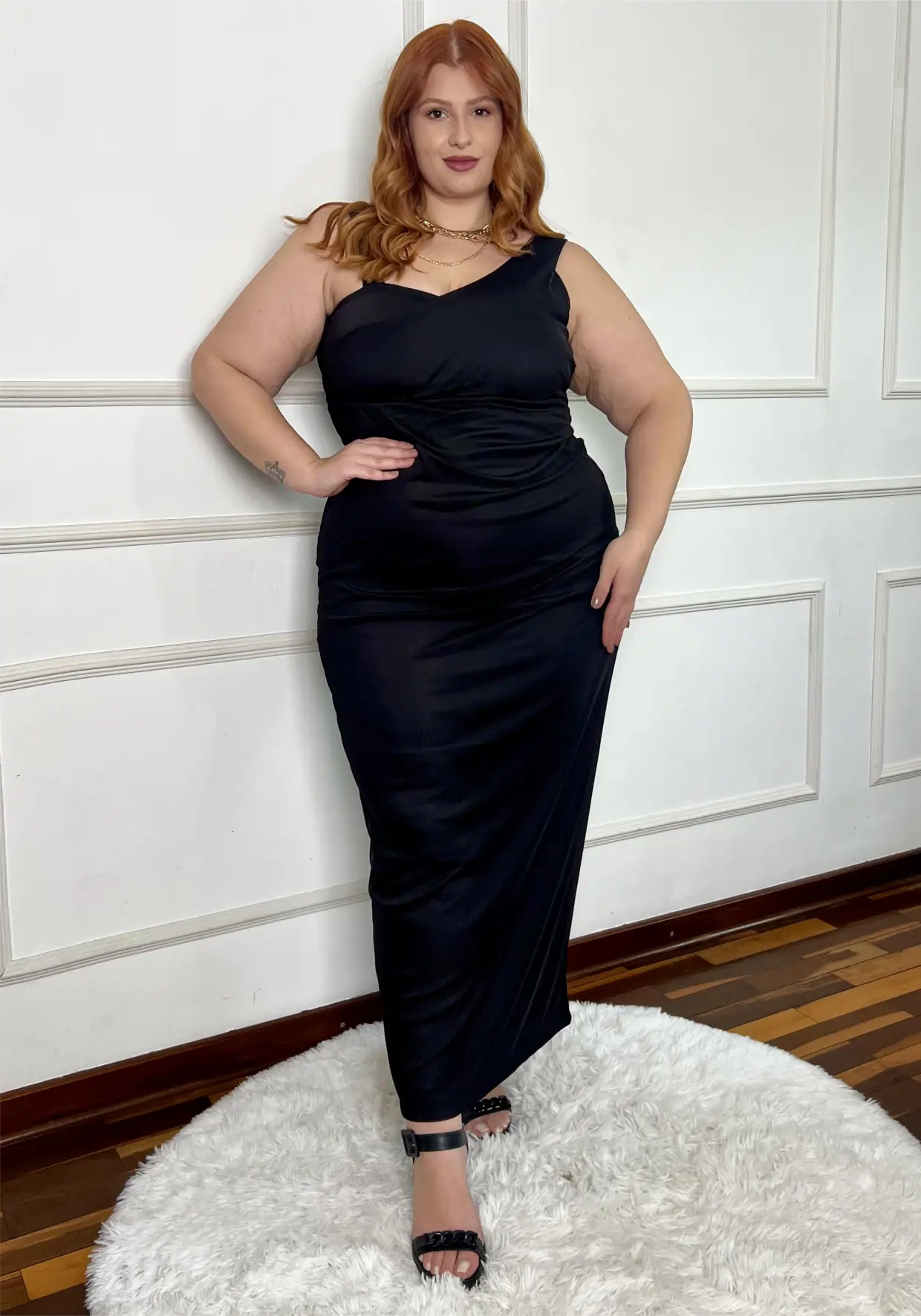 Vestido Longo Sem Manga Plus Size Ref 207272 Estampa Onça PRETO