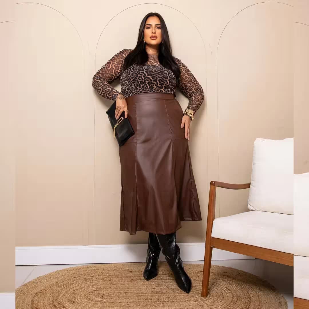Saia Midi Plus Size Ref 207279 Marrom MARROM