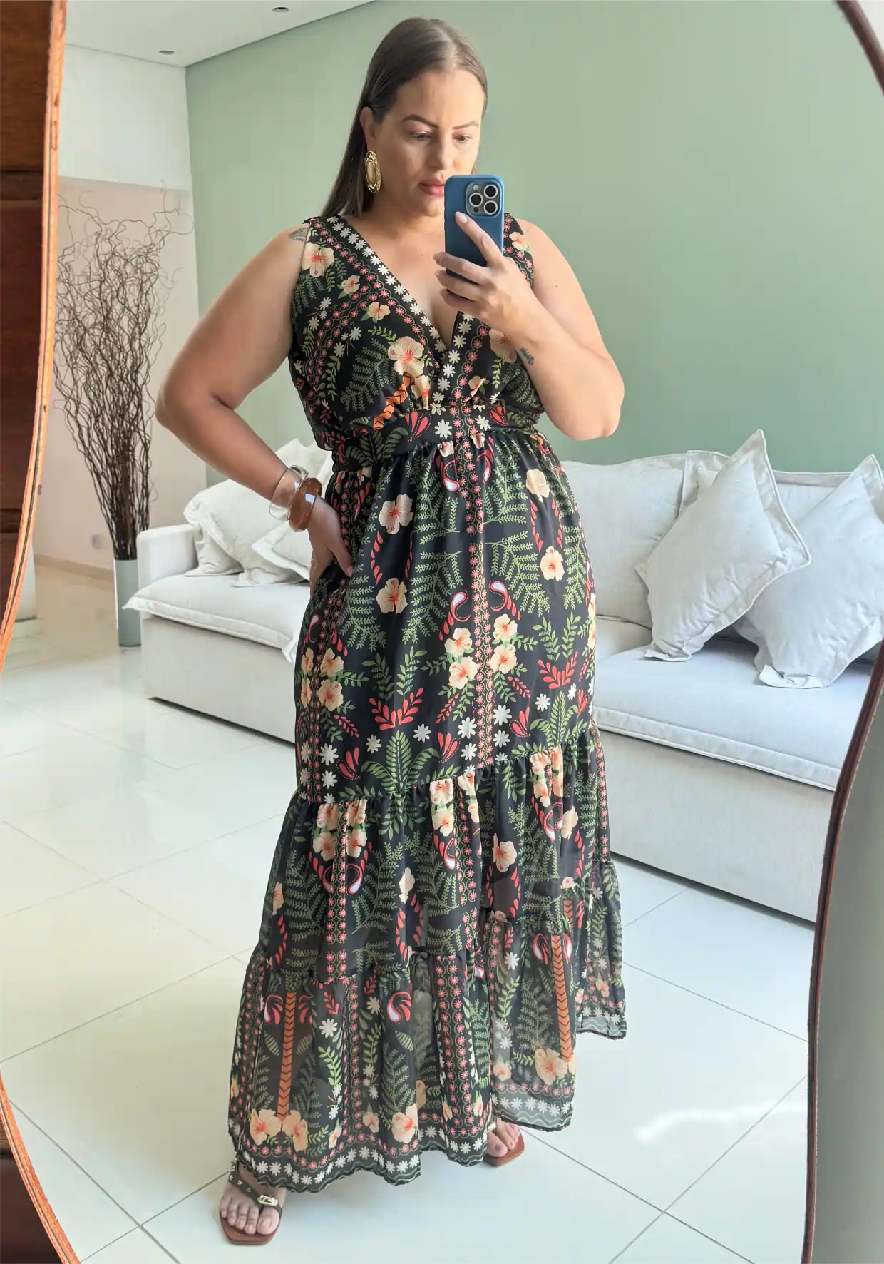 Vestido Longo Plus Size Sem Manga Ref 207282 Marrie Estampa Preto ESTAMPA PRETO