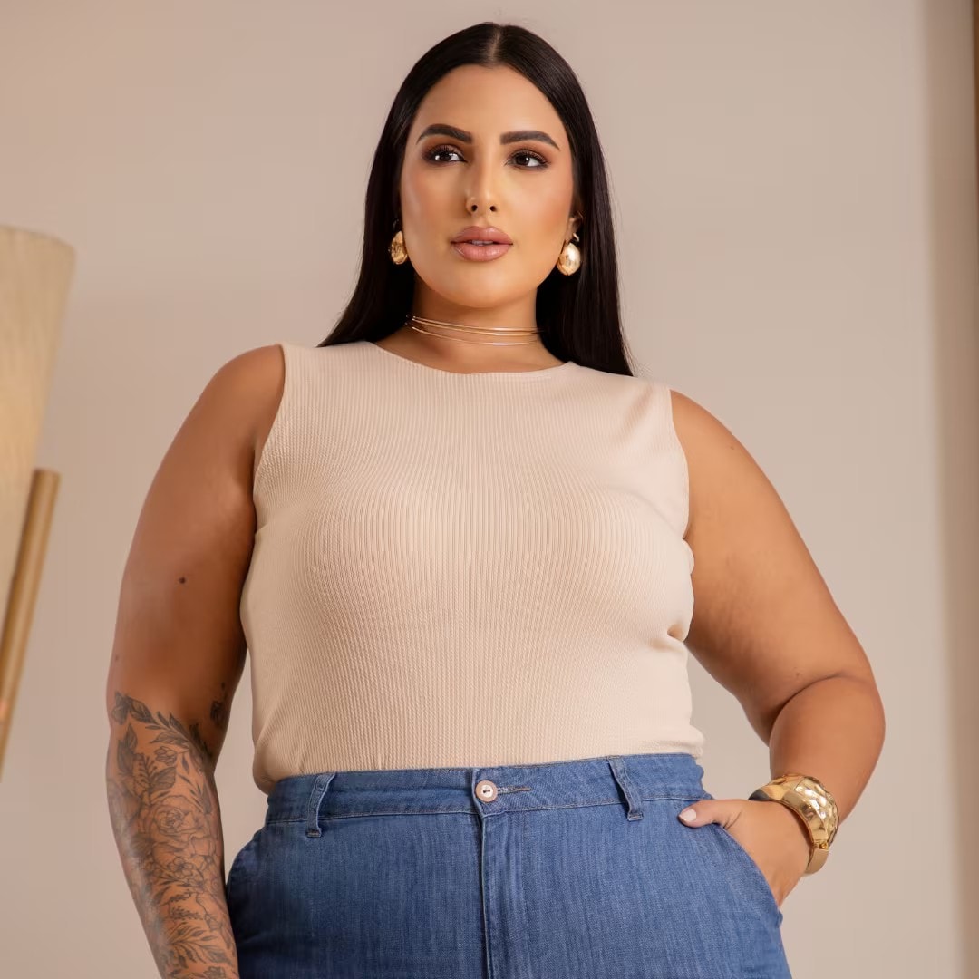 Regata Feminina Plus Size Alça Larga Ref 207333 Preto BEGE