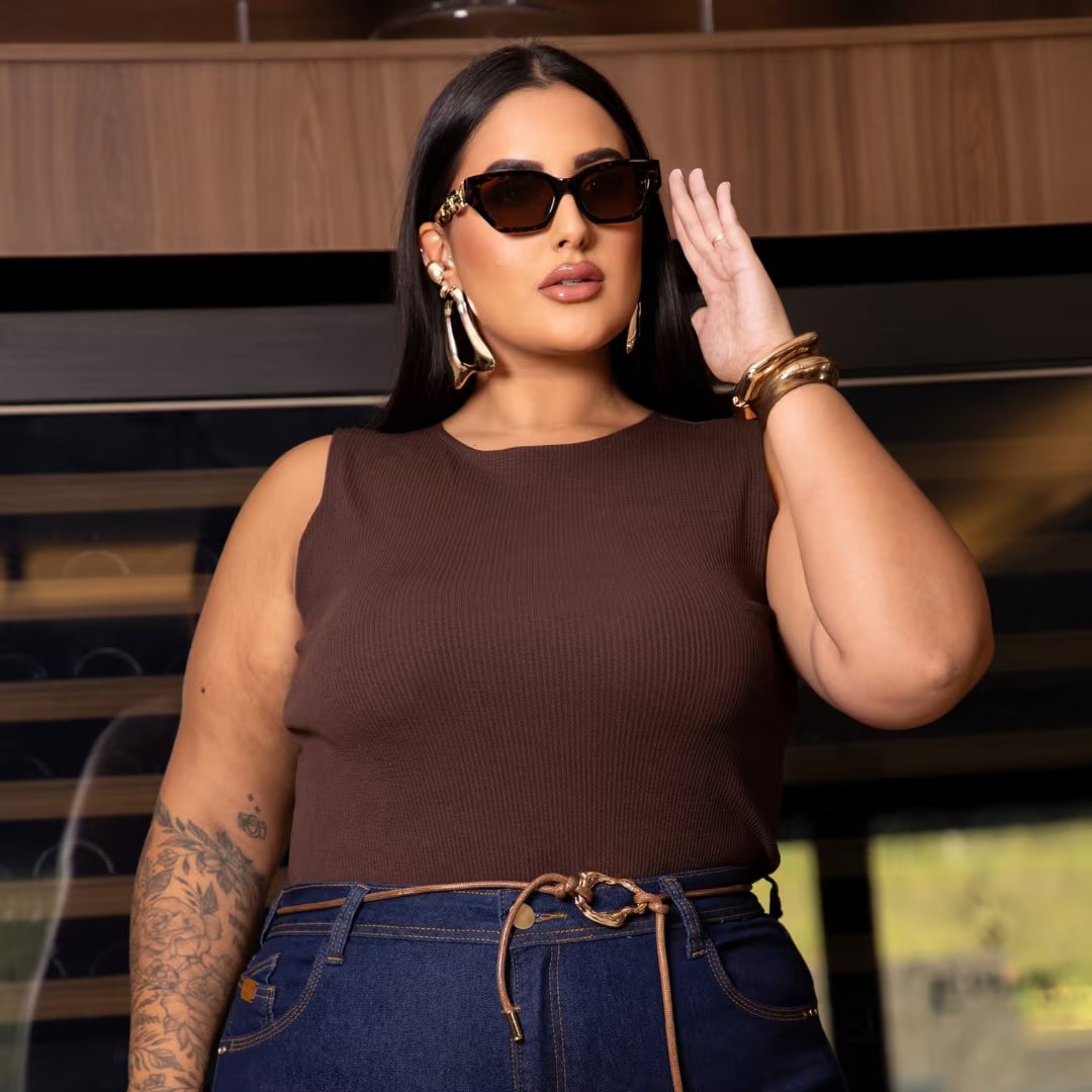 Regata Feminina Plus Size Alça Larga Ref 207333 Preto MARROM