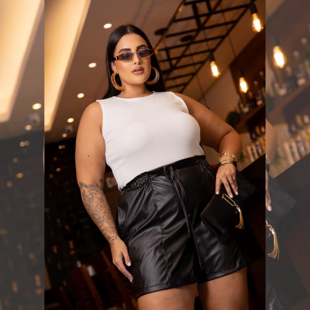 Regata Feminina Plus Size Alça Larga Ref 207333 Preto OFF WHITE