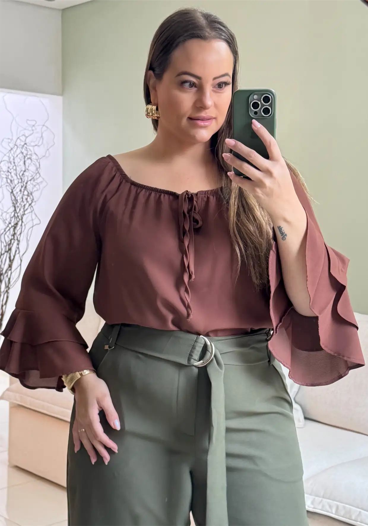 BLUSA FEMININA MANGA LONGA PLUS SIZE 207367 MARROM 46 MARRIE MARROM