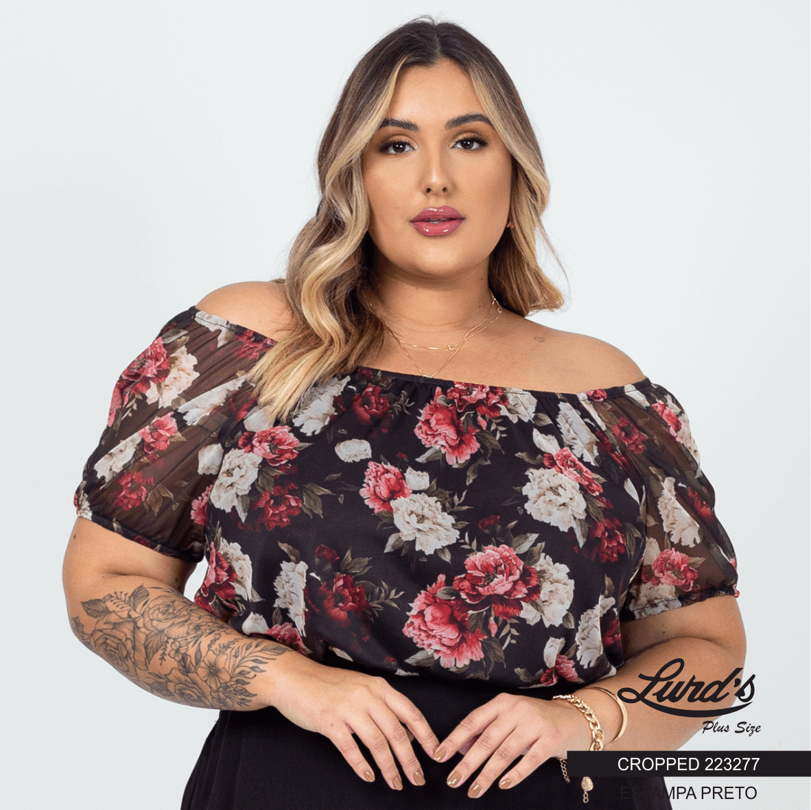 CROPPED FEMININO PLUS SIZE MANGA CURTA 223277 MARRIE ESTAMPA PRETO 46 ESTAMPA PRETO
