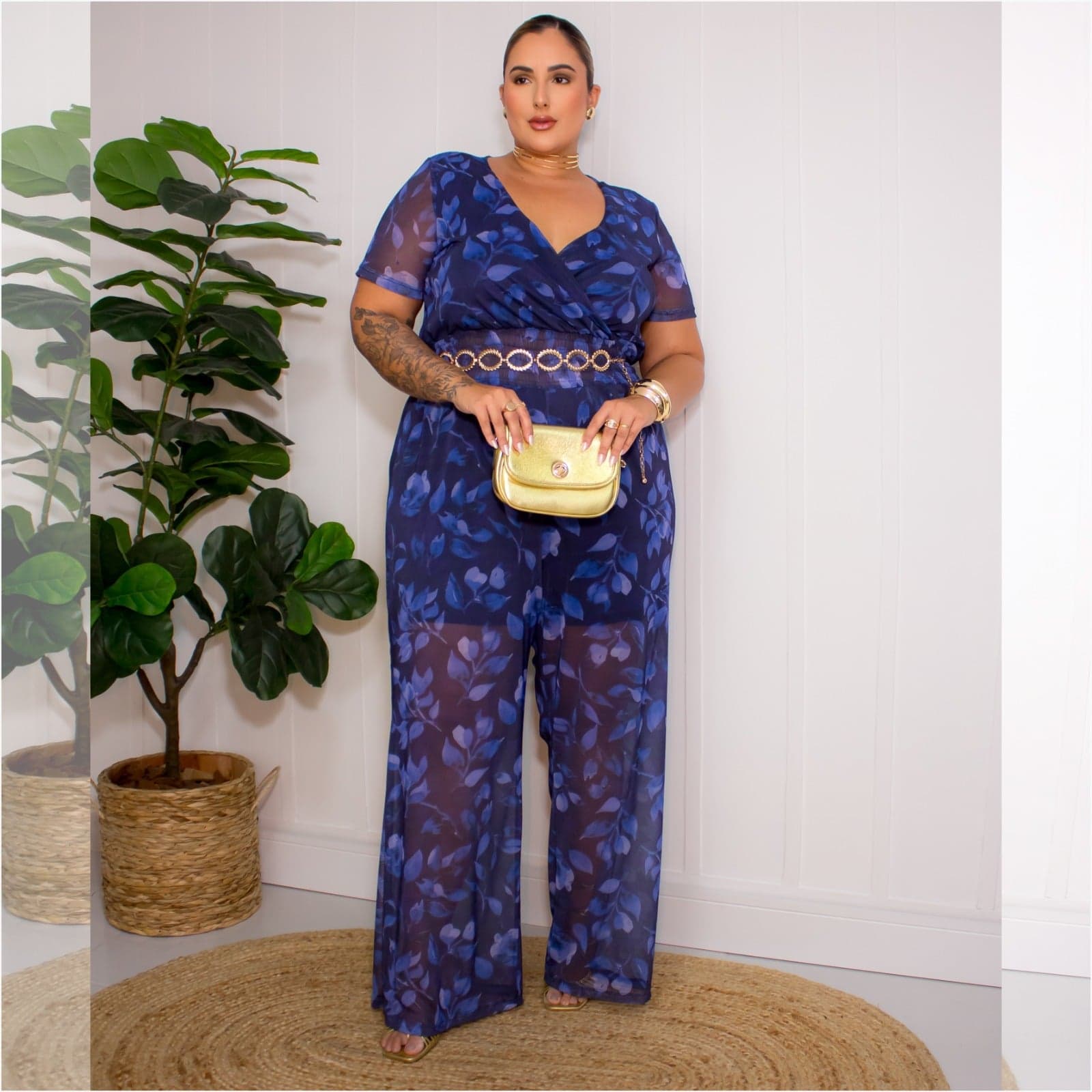 Macacão Longo Plus Size Manga Curta ref 306919 Estampa Preto ESTAMPA MARINHO
