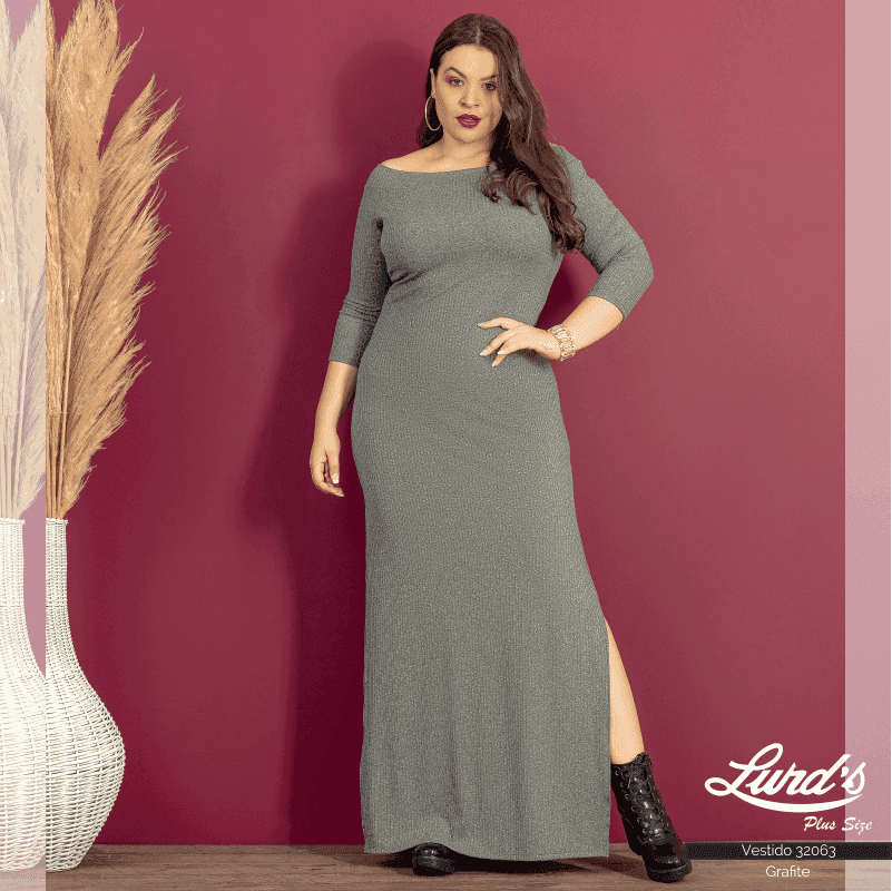 VESTIDO LONGO PLUS SIZE MANGA 3/4 32063 ESSENCE PRETO 46 GRAFITE