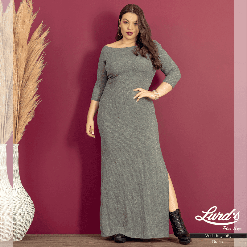 VESTIDO LONGO PLUS SIZE MANGA 3/4 32063 ESSENCE PRETO 46 GRAFITE