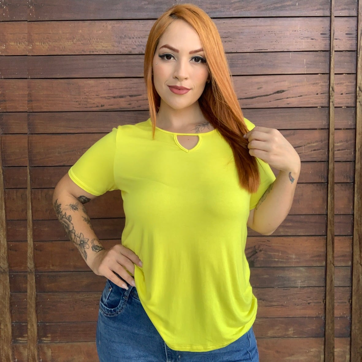 BLUSA FEMININA PLUS SIZE MANGA CURTA 35898 LUNENDER PRETO 46 AMARELO