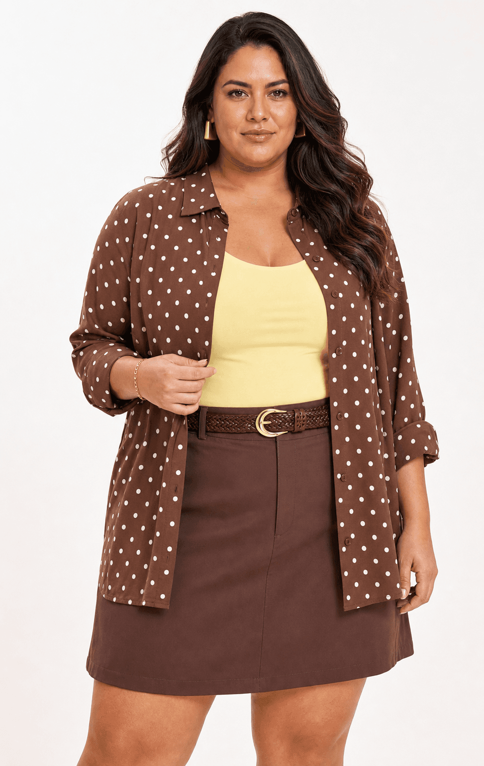 CAMISA FEMININA MANGA LONGA PLUS SIZE 407012 POÁ MARROM 46 RERY POÁ MARROM