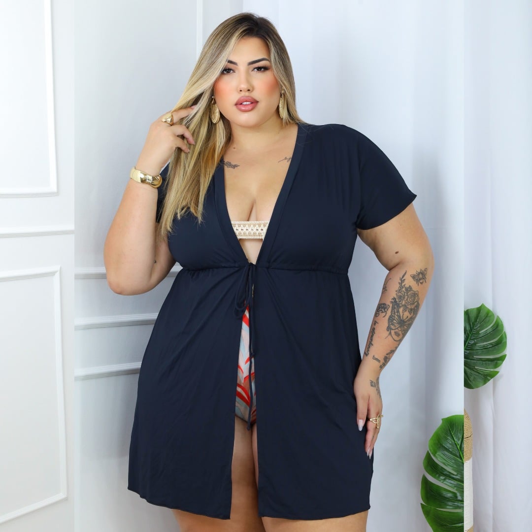 Saída de Praia Feminina Plus Size com Manga Ref 41244 Preto PRETO
