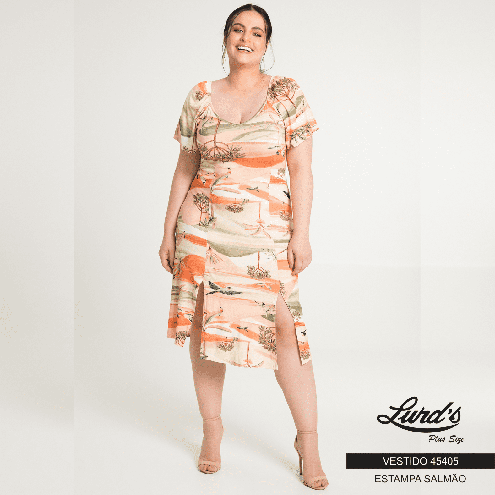 VESTIDO PLUS SIZE MANGA CURTA 45405 LUNENDER ESTAMPA SALMÃO 46 48 ESTAMPA SALMÃO