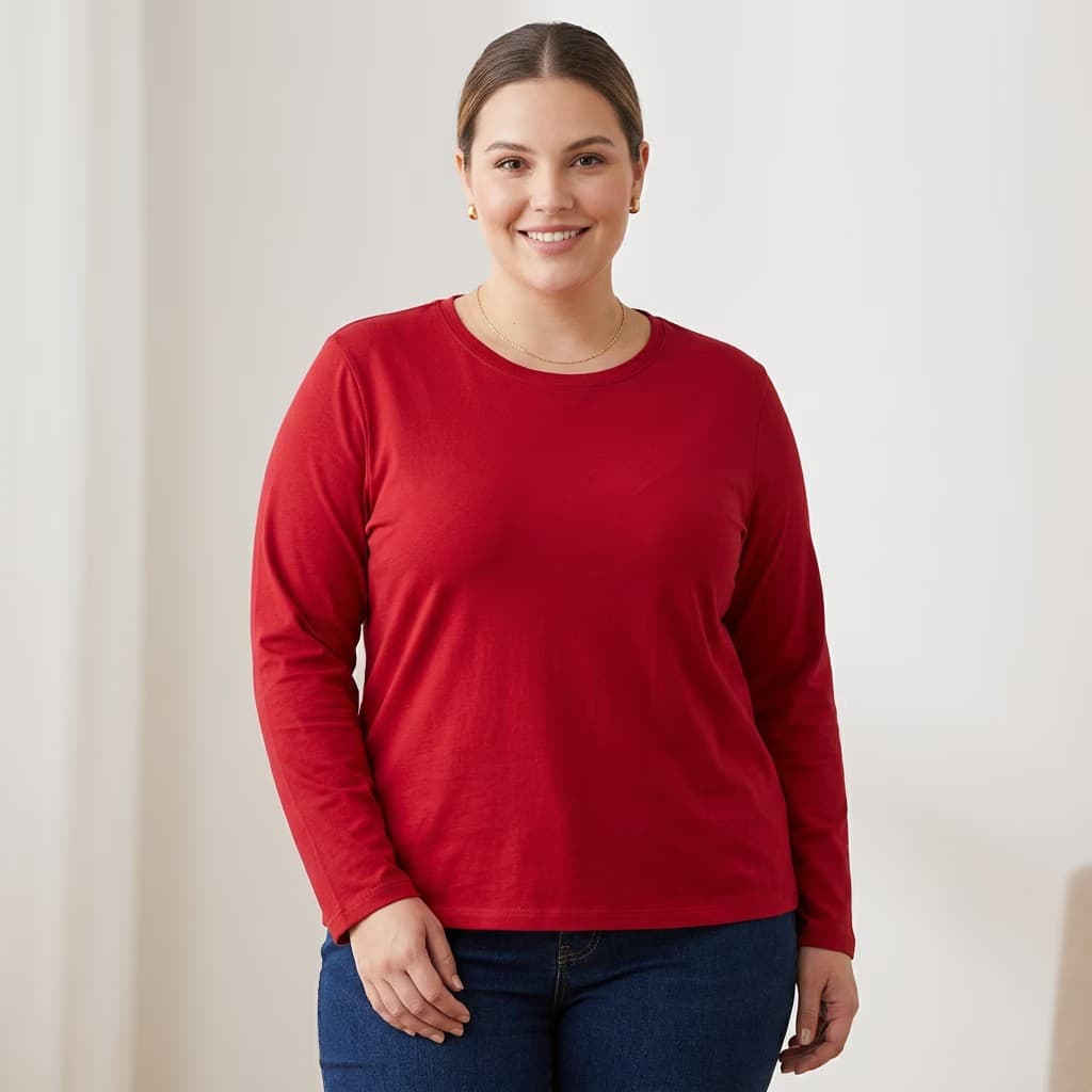 Blusa Feminina Plus Size Manga Longa Cotton Ref 52229 Vermelho VERMELHO