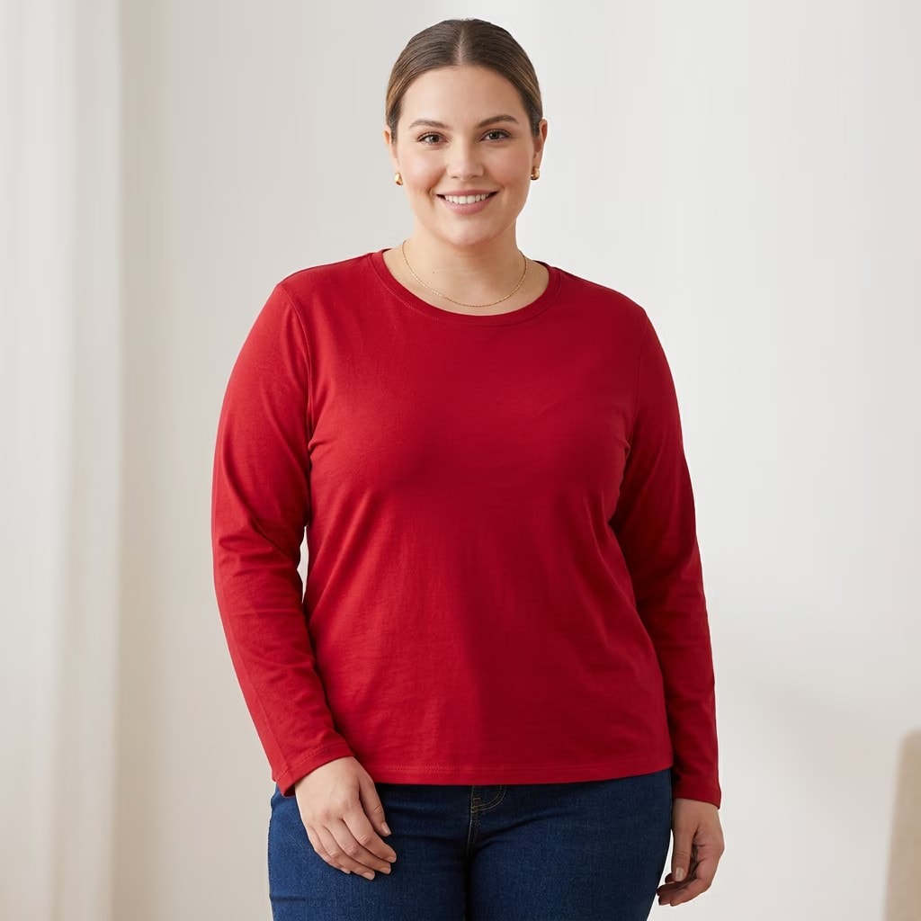 Blusa Feminina Plus Size Manga Longa Cotton Ref 52229 Vermelho VERMELHO