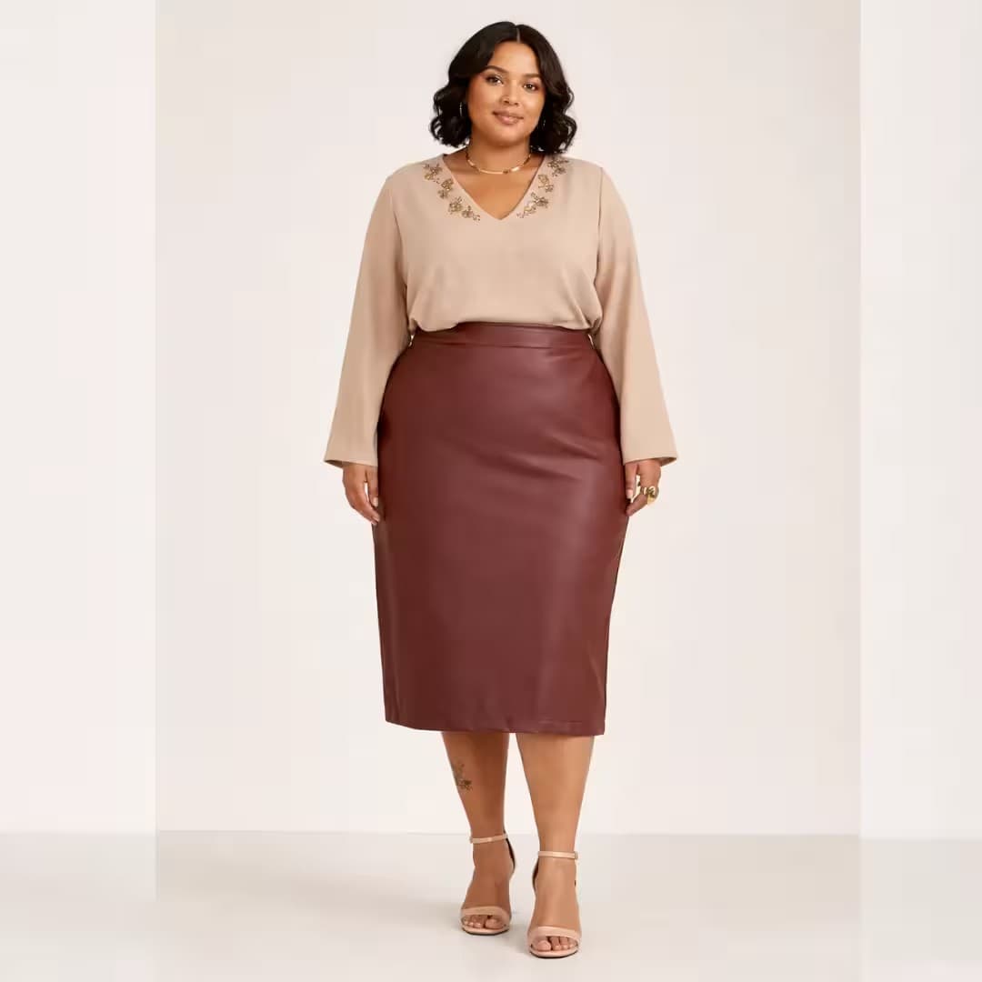 Saia Midi Plus Size Ref 61140077 Preta MARROM