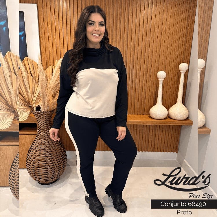 CONJUNTO FEMININO PLUS SIZE CALÇA + BLUSA 66490 LUNENDER TELHA 46 PRETO