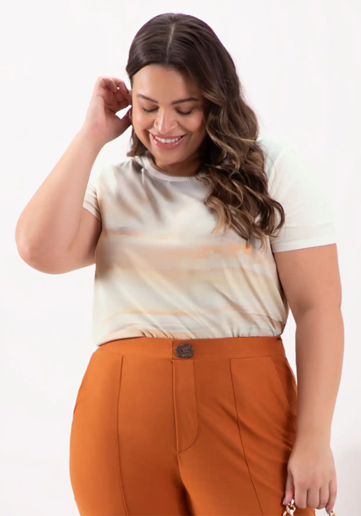 Blusa Feminina Plus Size Manga Curta ref 69201 Bege BEGE