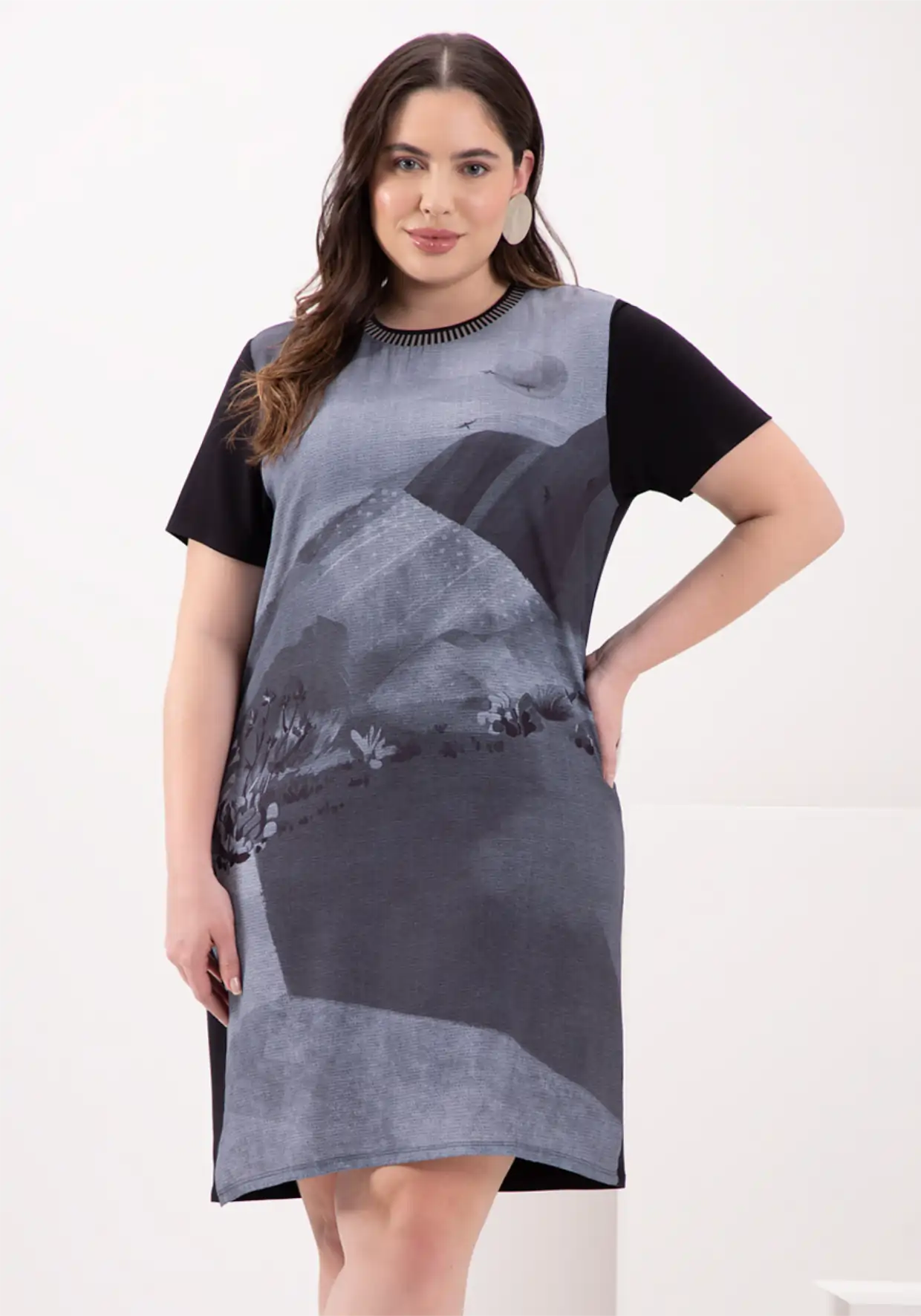 Vestido Plus Size Manga Curta Ref 69208 Cinza CINZA