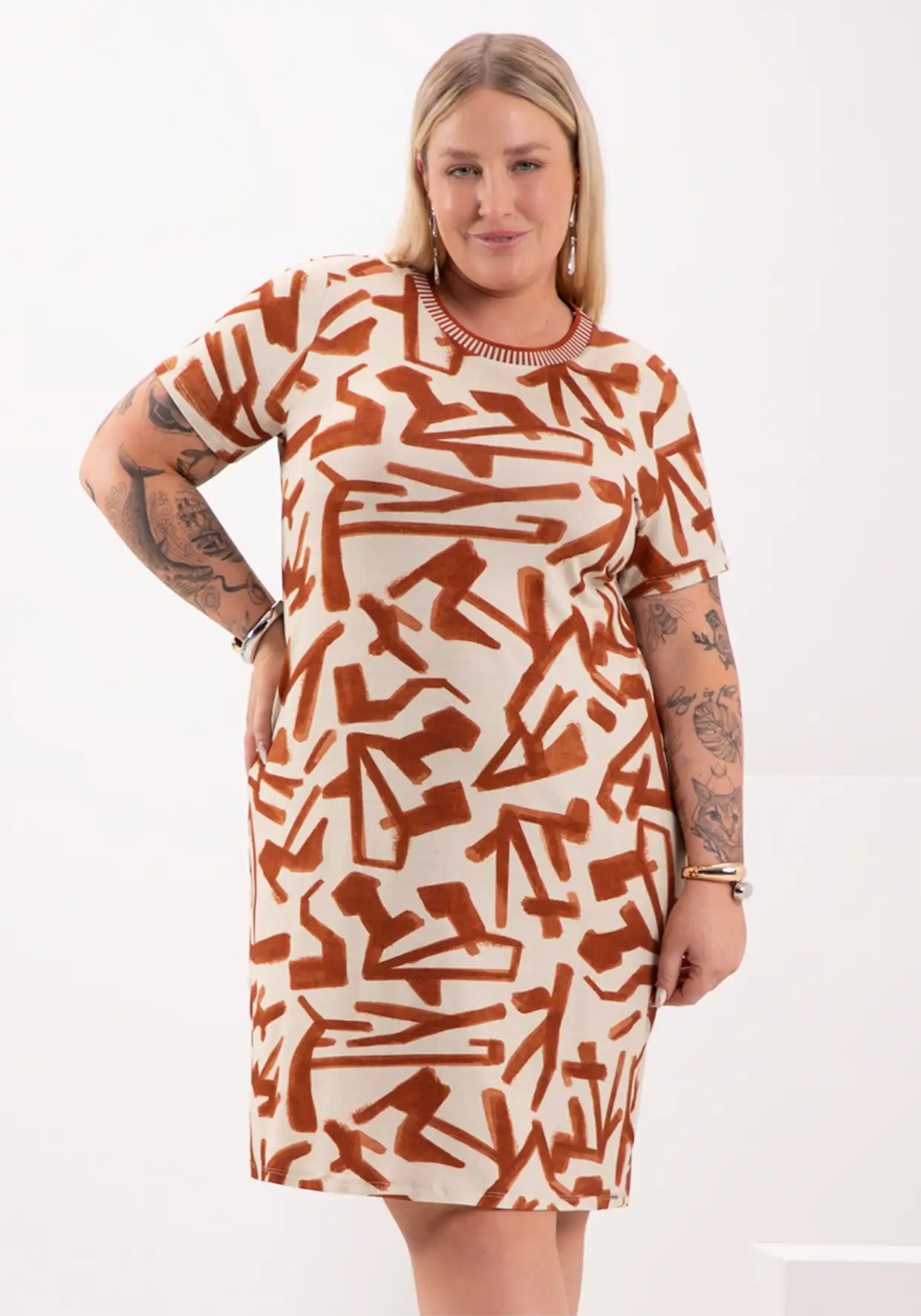Vestido Plus Size Manga Curta Ref 69209 Bege Telha BEGE TELHA