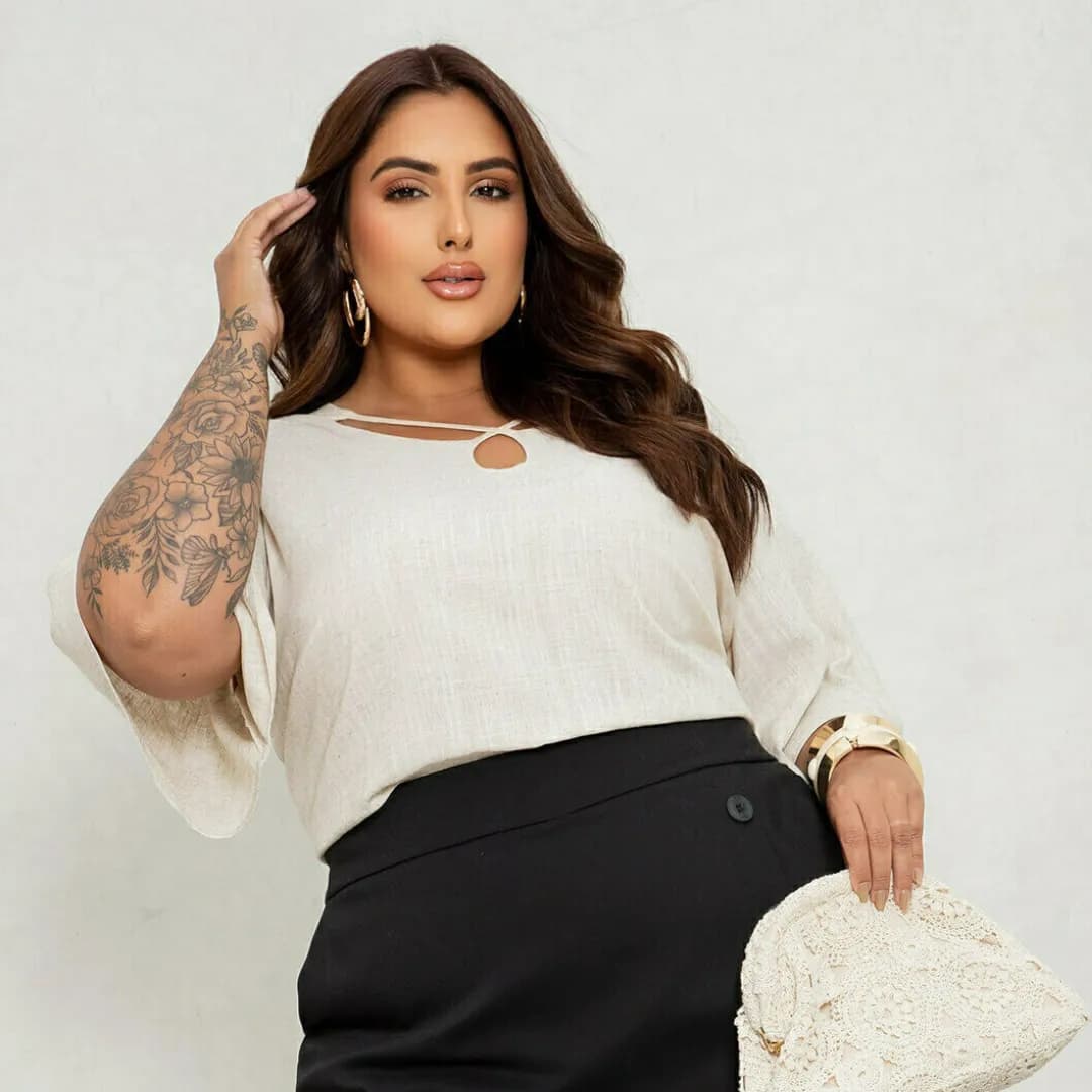 BLUSA FEMININA MANGA CURTA PLUS SIZE 700884 MARROM 46 JOIN CURVES CRU