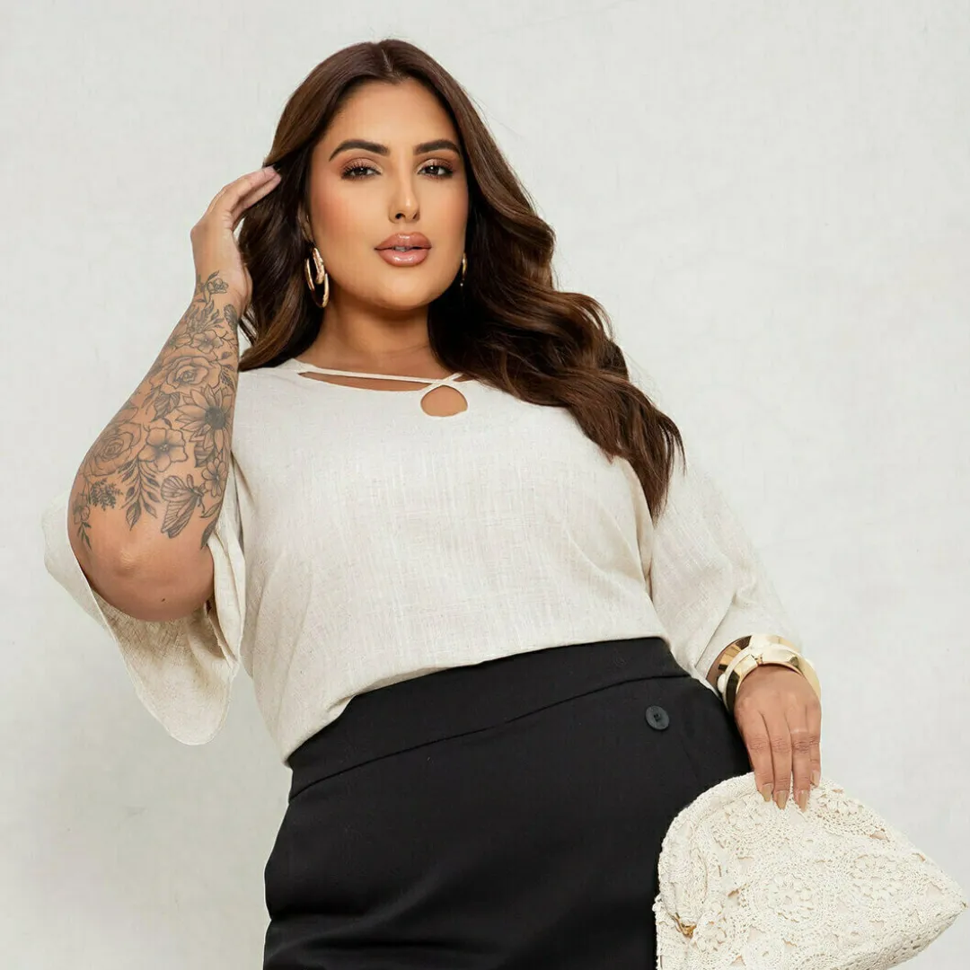 BLUSA FEMININA MANGA CURTA PLUS SIZE 700884 MARROM 46 JOIN CURVES CRU