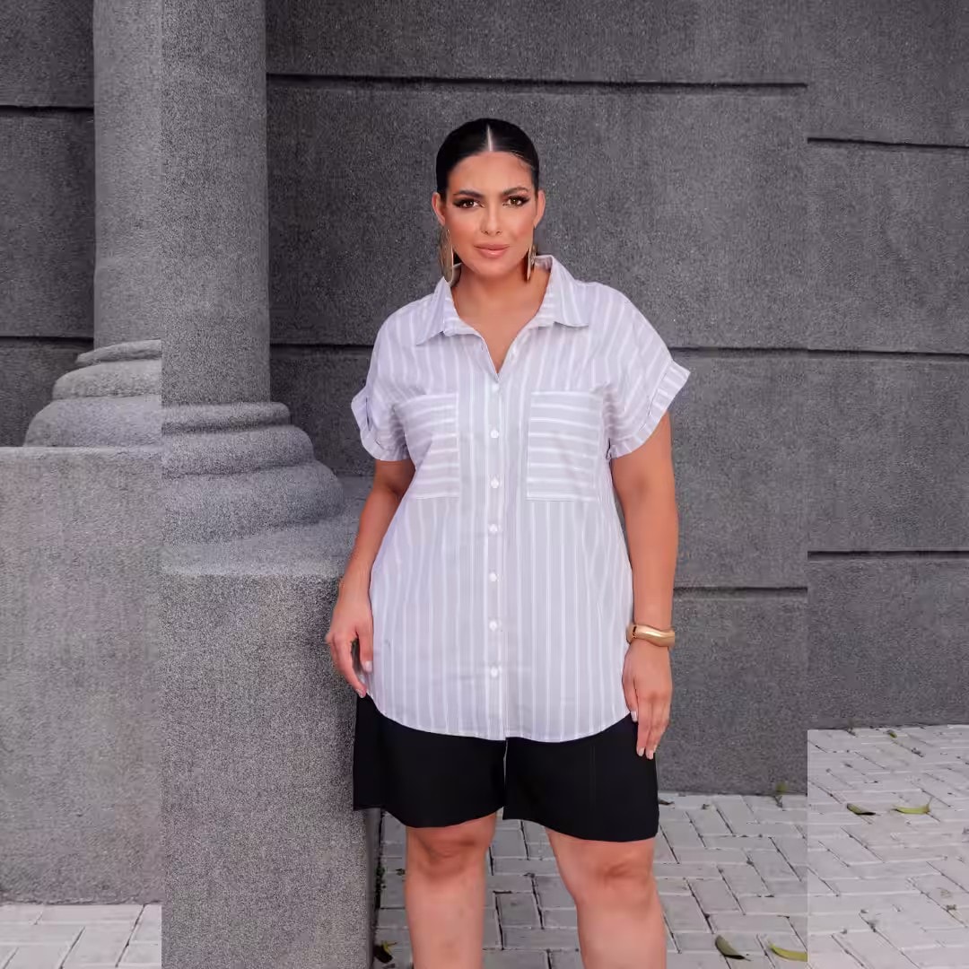 Camisa Feminina Manga Curta Plus Size Ref 700908 Bege Listrada LISTRA CINZA
