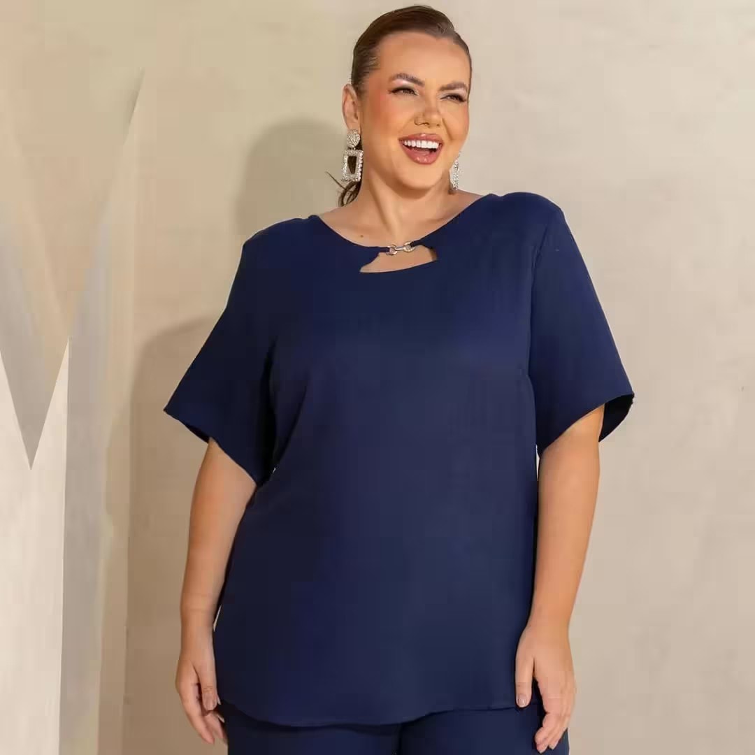 Blusa Feminina Manga Curta Plus Size Ref 700920 Cru MARINHO