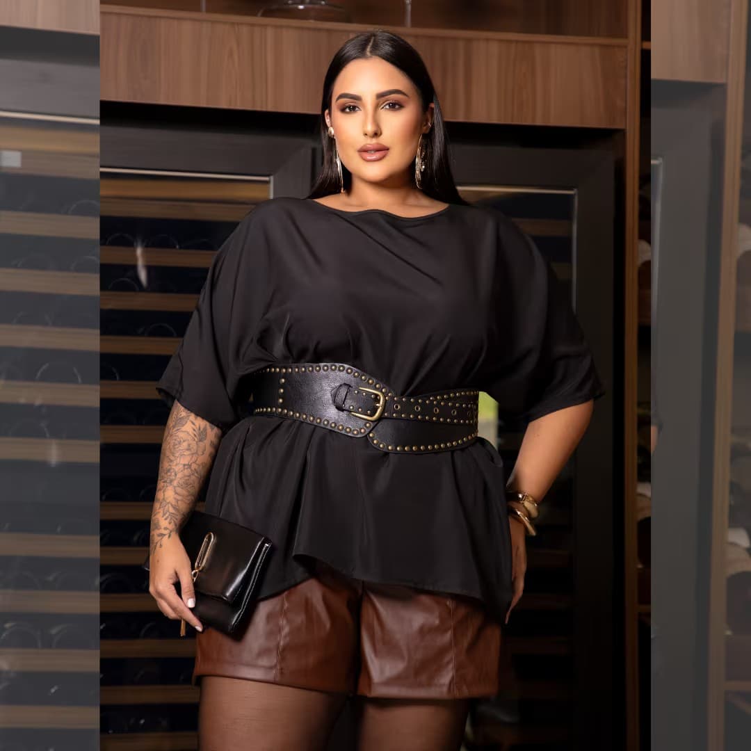 Blusa Plus Size Manga Curta Ref 7032 Preto PRETO