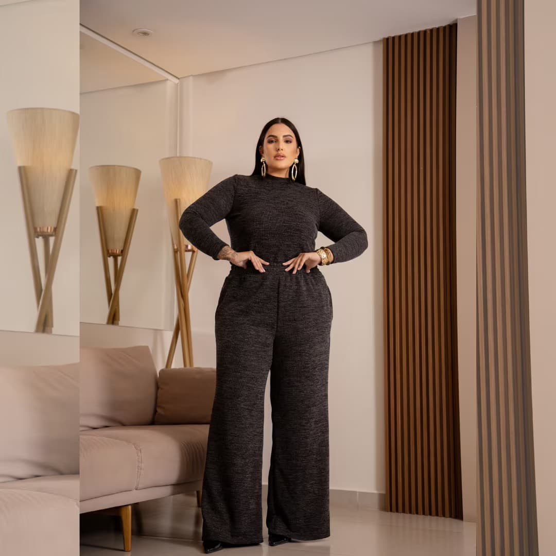 CONJUNTO FEMININO INVERNO BLUSA MANGA LONGA + CALÇA PLUS SIZE 7131 PRETO 46 MARRIE PRETO