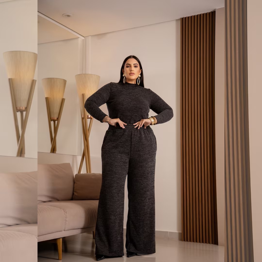 CONJUNTO FEMININO INVERNO BLUSA MANGA LONGA + CALÇA PLUS SIZE 7131 PRETO 46 MARRIE PRETO