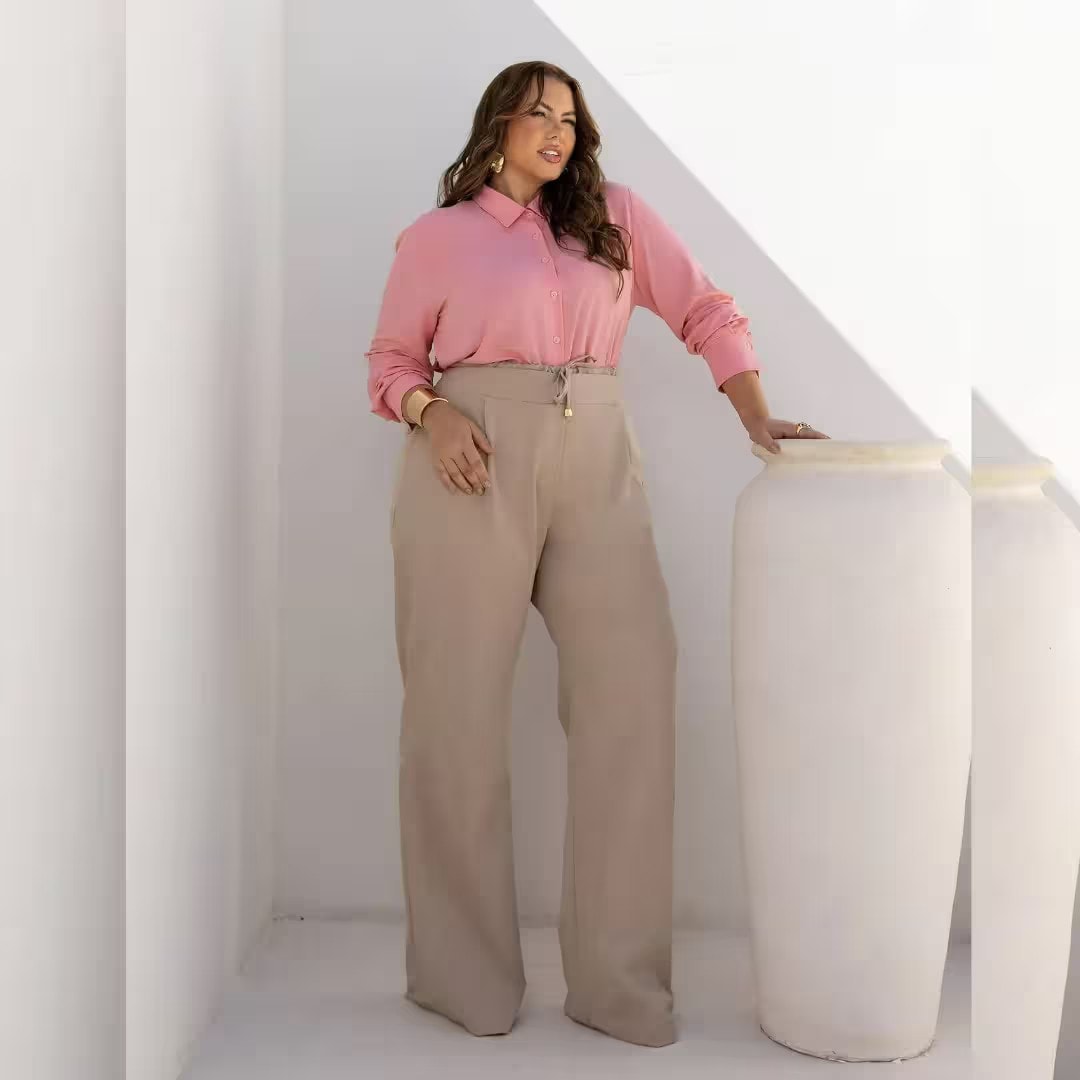 Calça Feminina Pantalona Plus Size Ref 800288 Chumbo BEGE