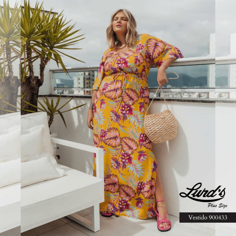 Vestido Longo Plus Size Manga Curta 900433 1 Join VERDE 46 AMARELO