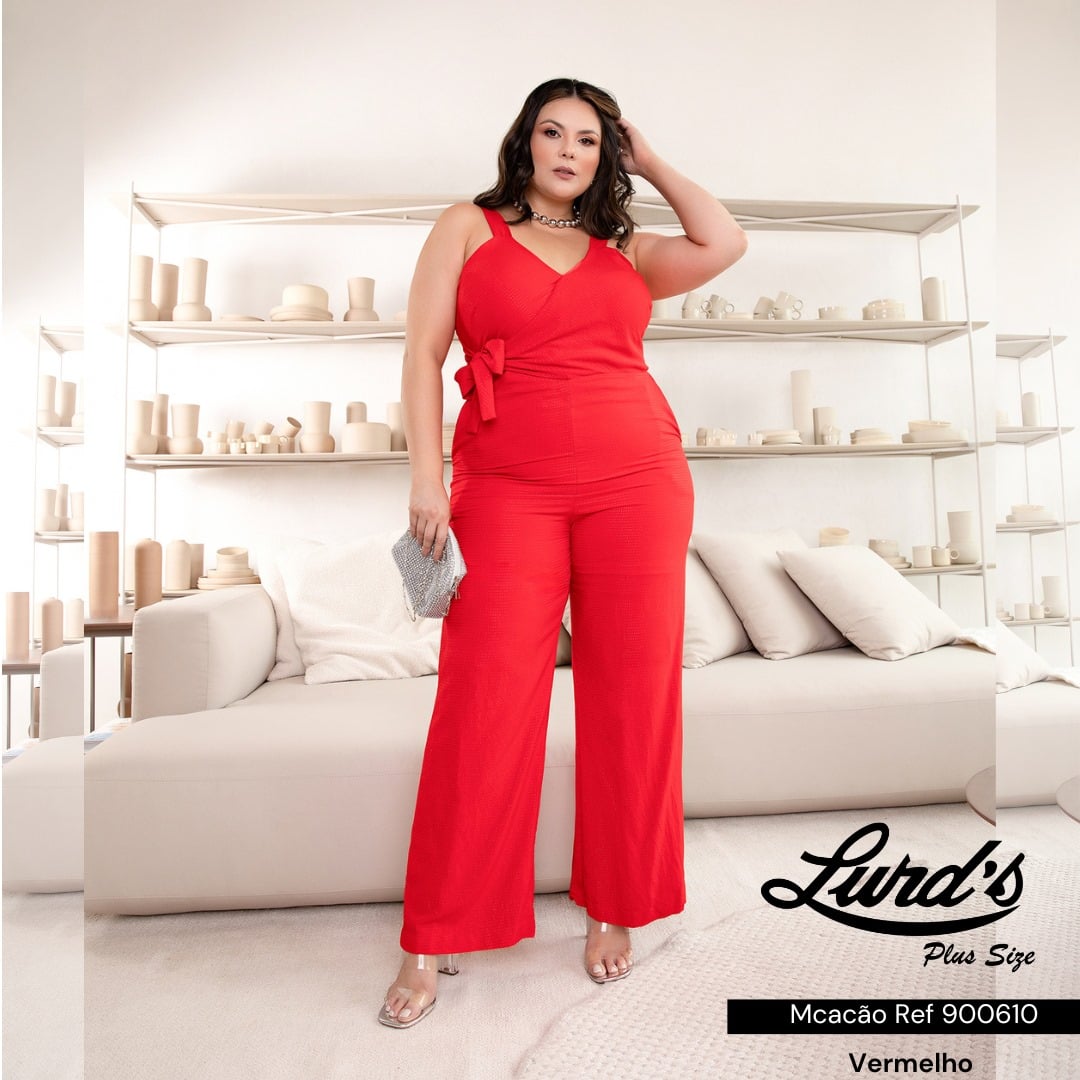MACACÃO FEMININO LONGO PLUS SIZE SEM MANGA 900610 JOIN VERMELHO 46 VERMELHO