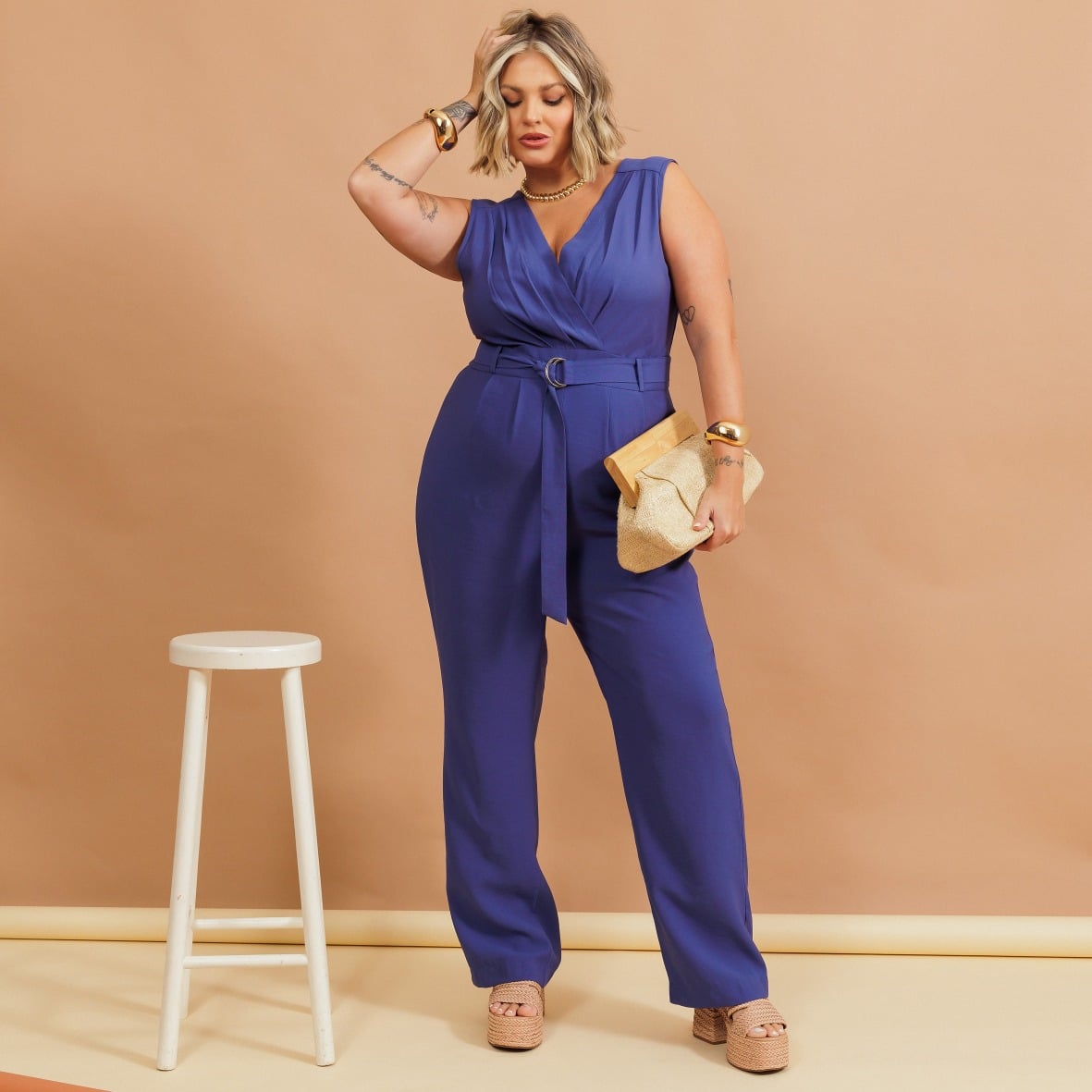 MACACÃO LONGO FEMININO PLUS SIZE SEM MANGA 900706 JOIN PRETO 46 AZUL