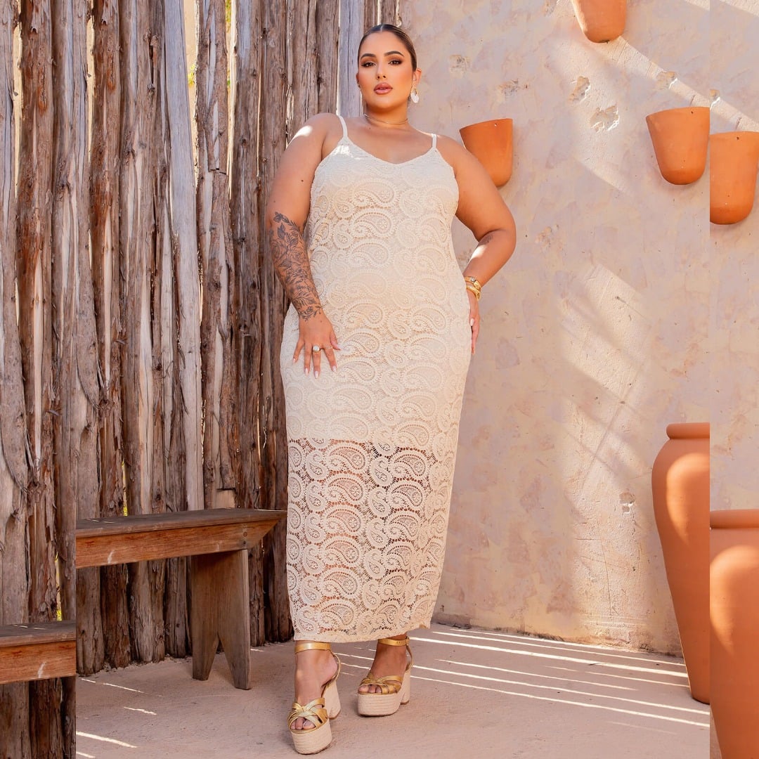VESTIDO LONGO PLUS SIZE SEM MANGA 900776 JOIN CURVES MUSGO 46 BEGE