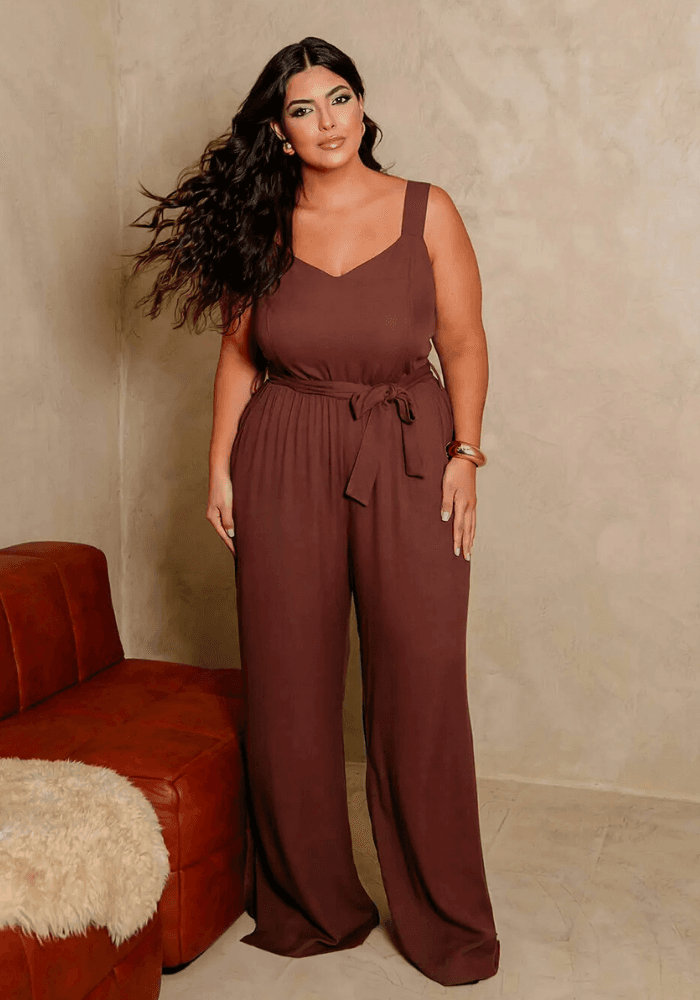 MACACÃO LONGO FEMININO SEM MANGA PLUS SIZE 900821 JOIN CURVES 900821 MARROM