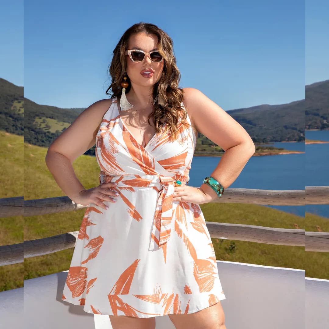 Macaquinho Feminino Sem Manga Plus Size Ref 900831 Estampa Laranja ESTAMPA LARANJA