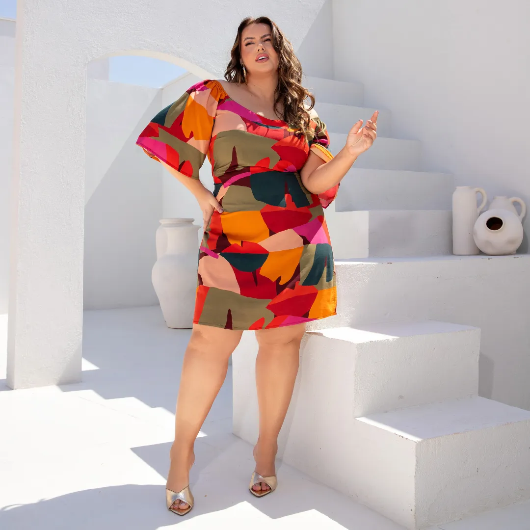 Vestido Manga Curta Plus Size Ref 900846 Estampa Vinho TECA ESTAMPA VINHO