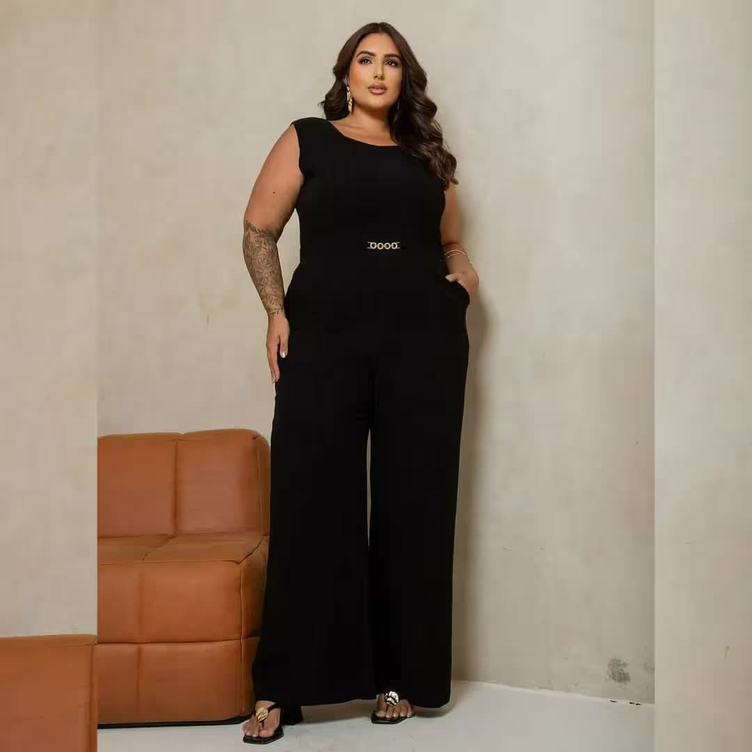 Macacão Longo Feminino Sem Manga Plus Size Ref 900848 Preto PRETO