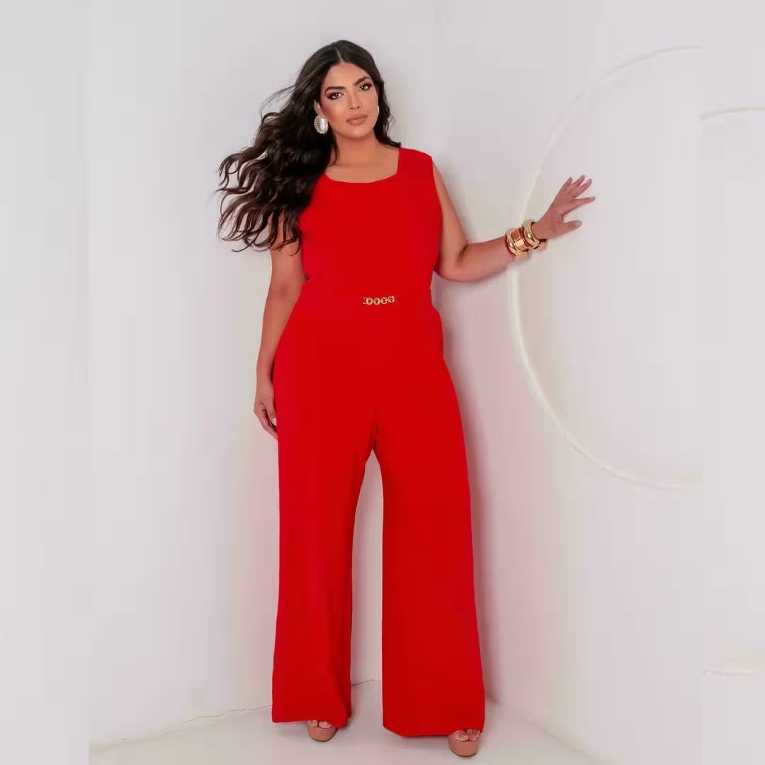 Macacão Longo Feminino Sem Manga Plus Size Ref 900848 Preto VERMELHO