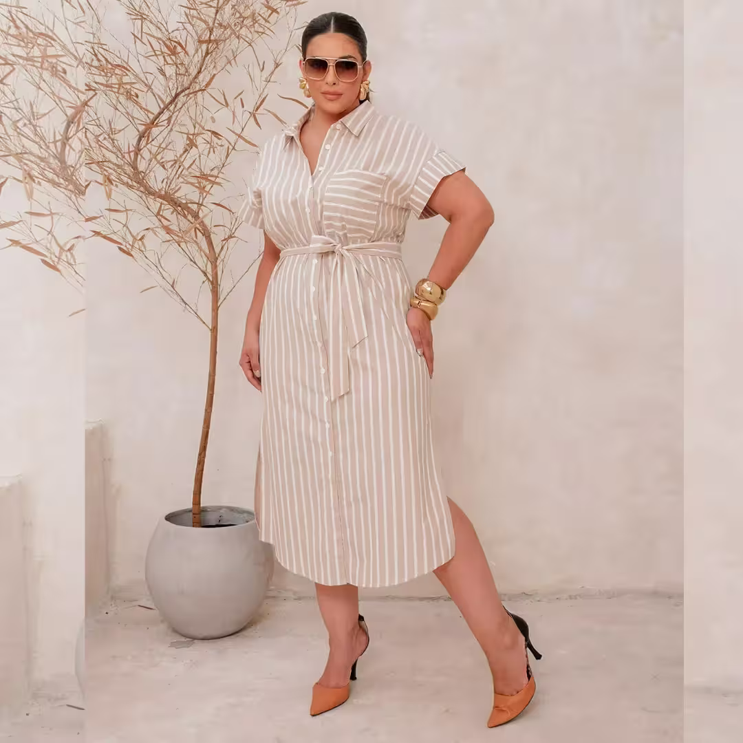 Vestido Mid Manga Curta Plus Size Ref 900859 Bege LISTRA BEGE