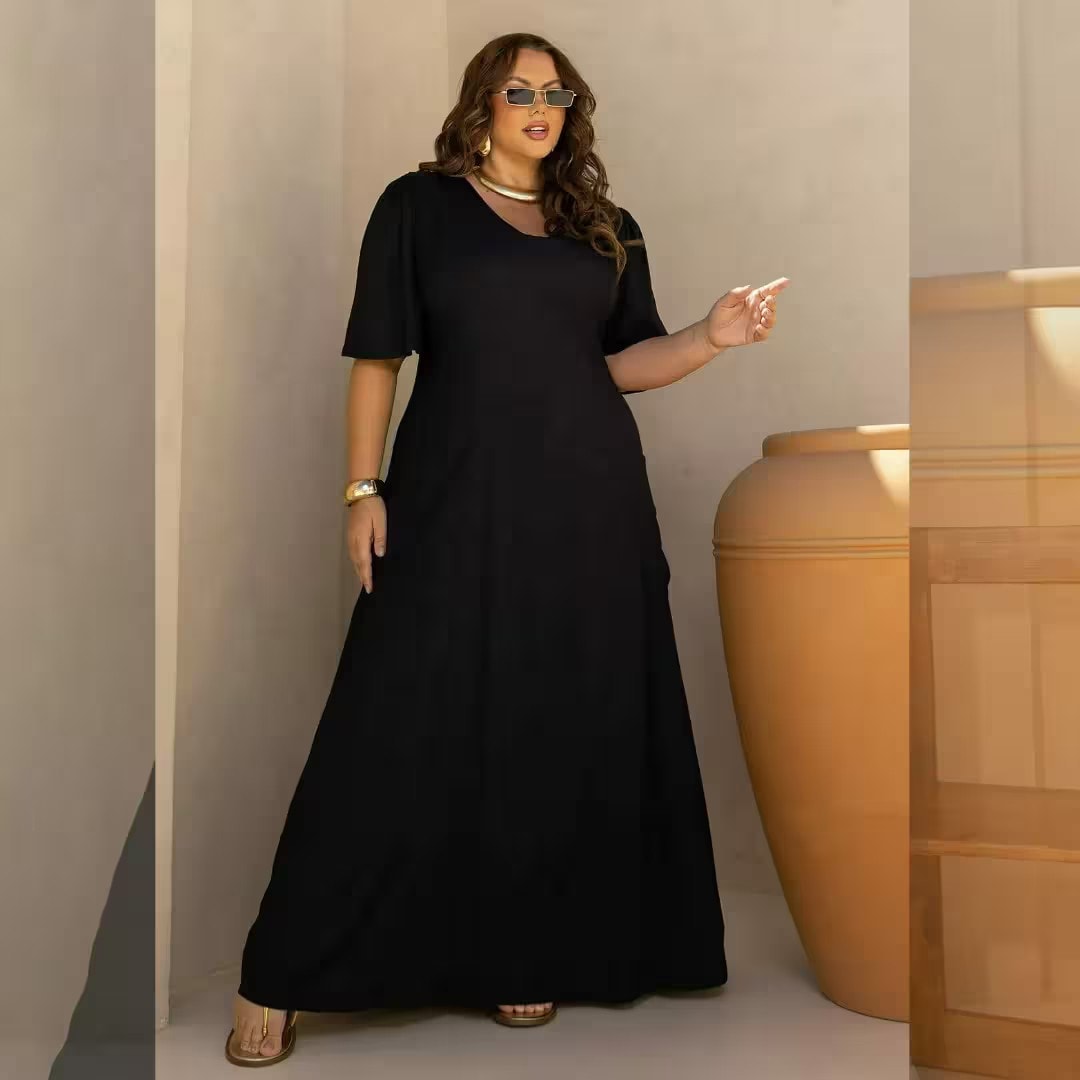 Vestido Longo Manga Curta Plus Size Ref 900861 Nude PRETO
