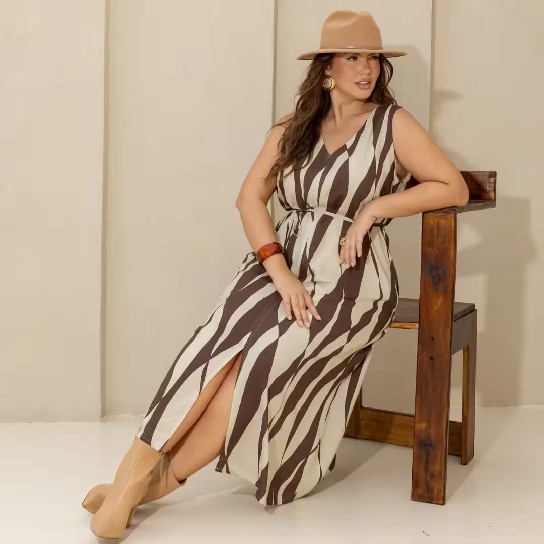 Vestido Mid Sem Manga Plus Size Ref 900896 Estampa Marrom ESTAMPA MARROM