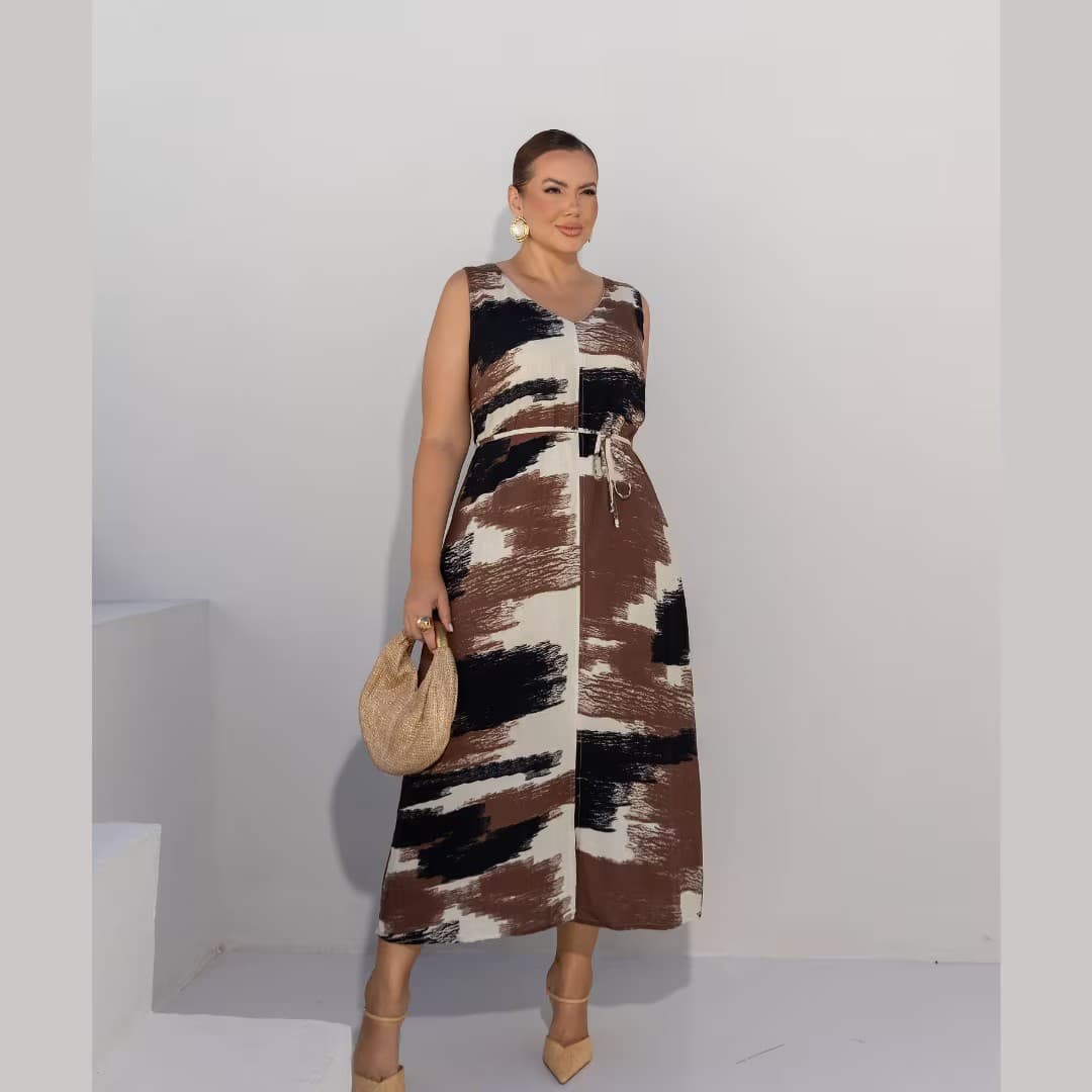 Vestido Mid Sem Manga Plus Size Ref 900896 Estampa Marrom ESTAMPA PRETO