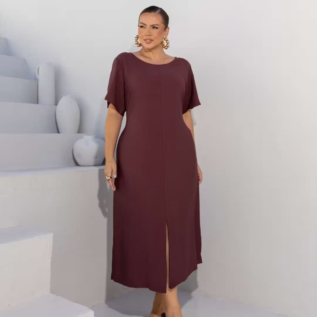 Vestido Mid Plus Size Manga Curta Ref 900898 Preto MARROM