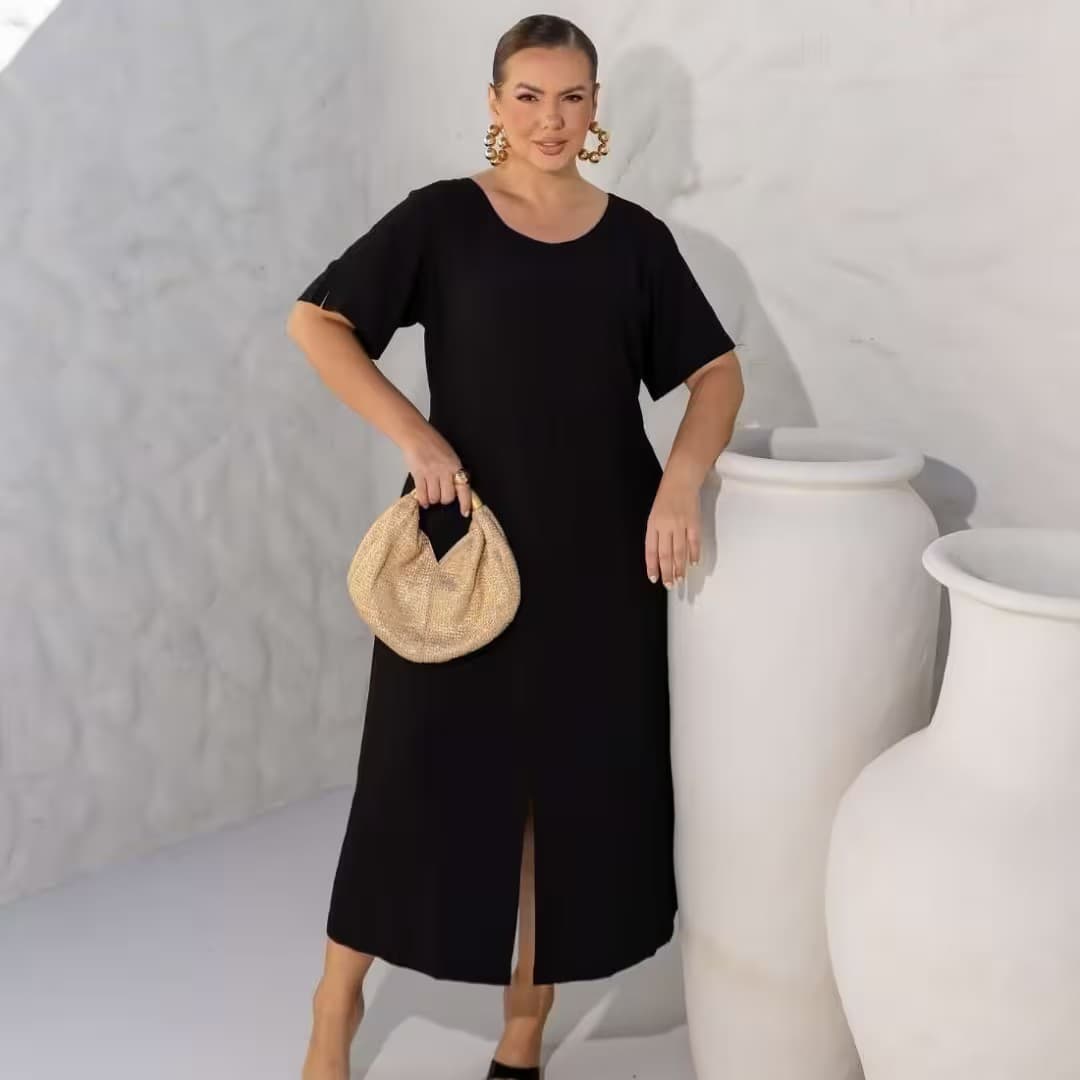 Vestido Mid Plus Size Manga Curta Ref 900898 Preto PRETO
