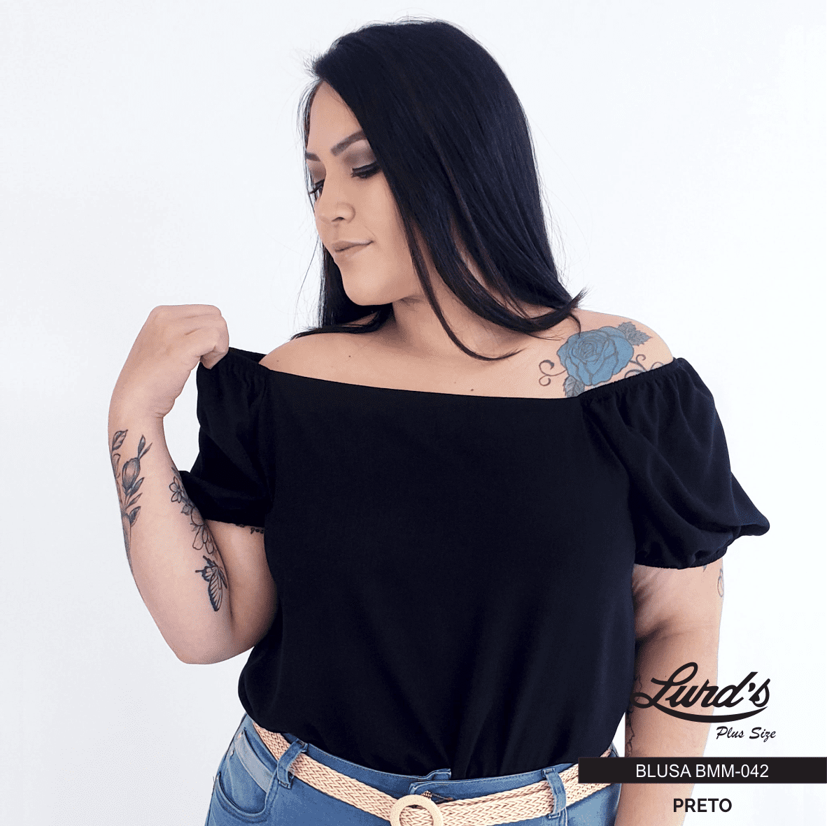 BLUSA FEMININA PLUS SIZE MANGA CURTA BMM-042 MARRIE PRETO 46 PRETO