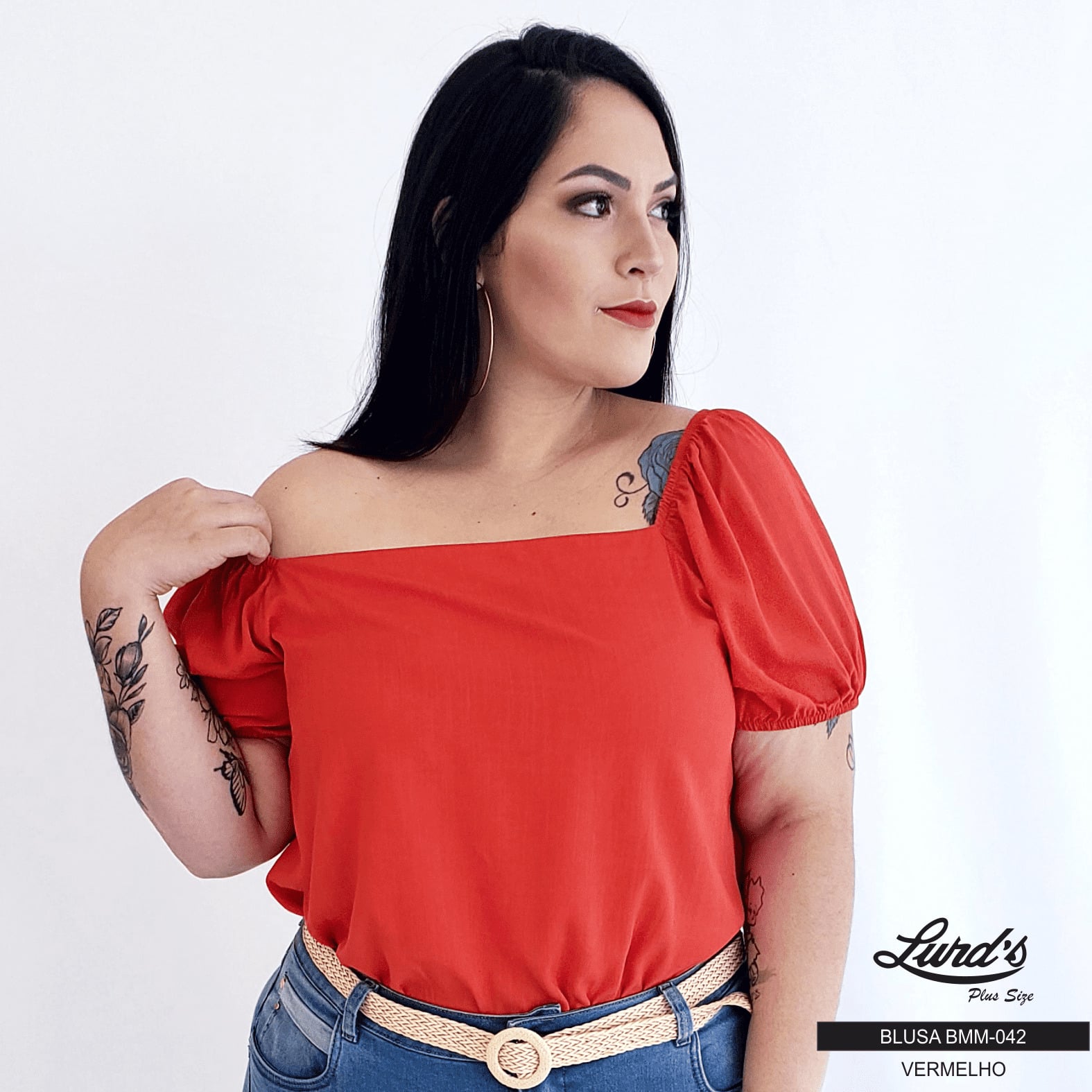 BLUSA FEMININA PLUS SIZE MANGA CURTA BMM-042 MARRIE PRETO 46 VERMELHO