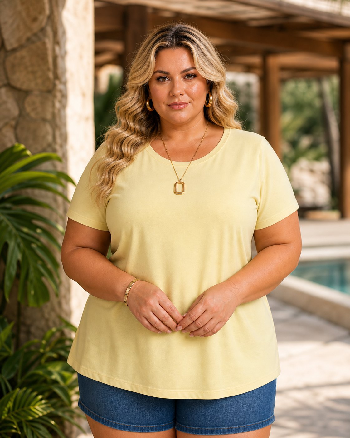 BLUSA FEMININA PLUS SIZE MANGA CURTA BMM-100 MARRIE PRETO 48 MANTEIGA