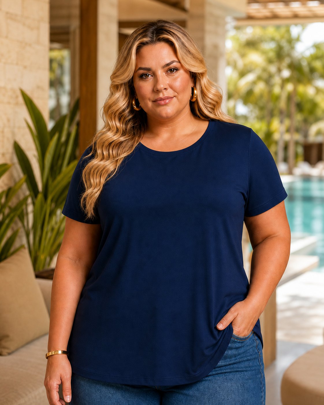 BLUSA FEMININA PLUS SIZE MANGA CURTA BMM-100 MARRIE PRETO 48 MARINHO