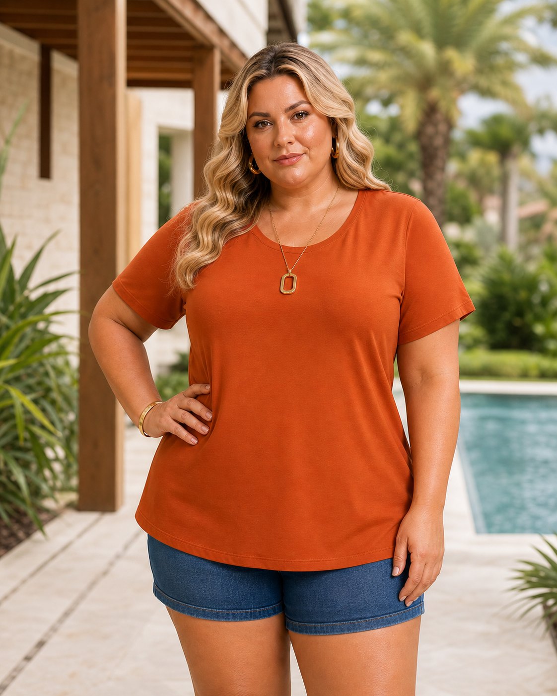 BLUSA FEMININA PLUS SIZE MANGA CURTA BMM-100 MARRIE PRETO 48 TERRACOTA